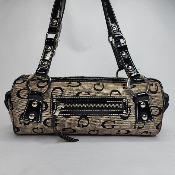 Guess Monogram Barrel Bag Satchel G Logo Canvas Black Patent Trim Purse Y2K - Picture 2 of 11